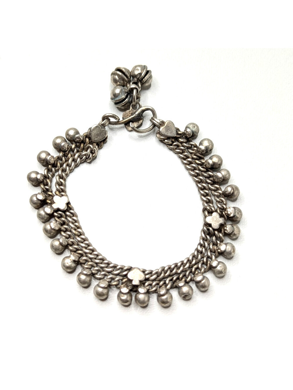 Sterling Silver 925 Vintage Multi Chain Dangle Bead Bracelet Boho Tribal 17cm